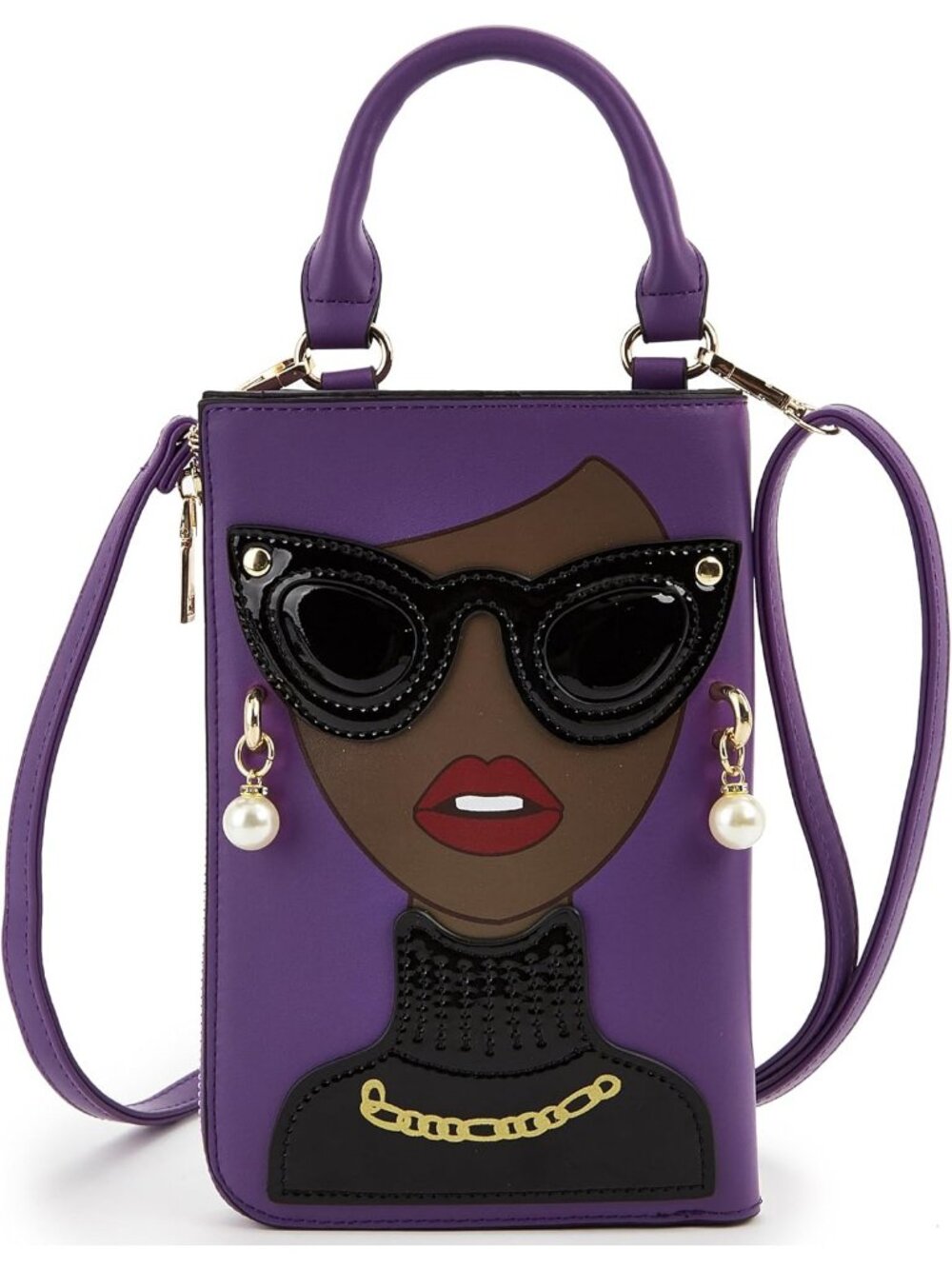 Women BrownPurple Novelty Lady Face PU Leather ShoulderBag Handle Satchel Clutch